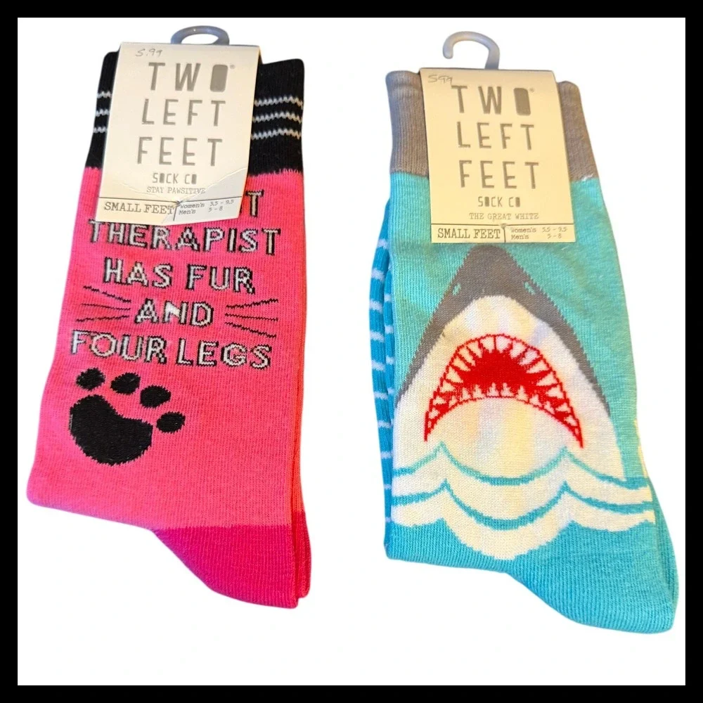 NWT Two Left Feet Sock Co Small Feet Cat Therapist Shark Great White